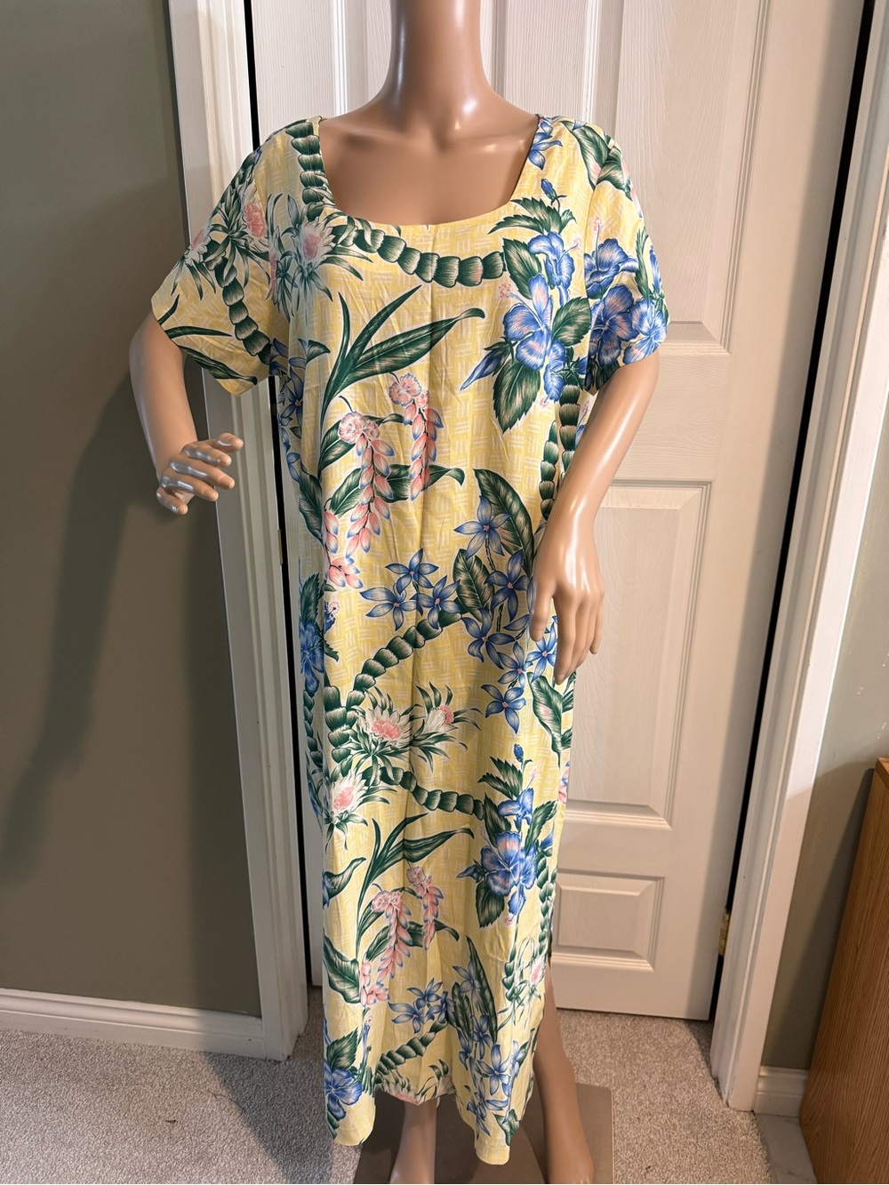 Vintage Reyn Spooner Long Slit Dress L Hawaiian Flower Floral Island Tropical